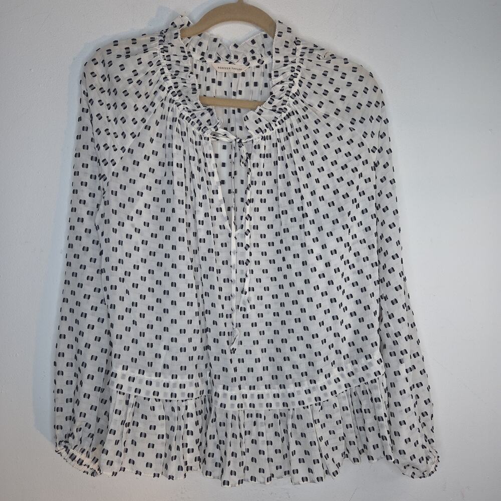 Rebecca Taylor Blouse Womens S M White Black Clip Dot Silk Cotton Ruffle Peplum